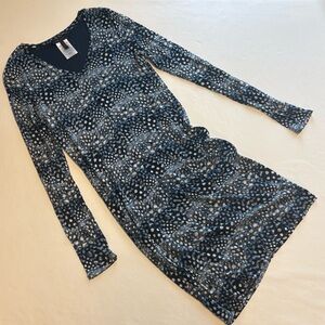 BCBGMaxAzria Tori Dress Blues, Grays, White Long Sleeve Feather Print Size Large